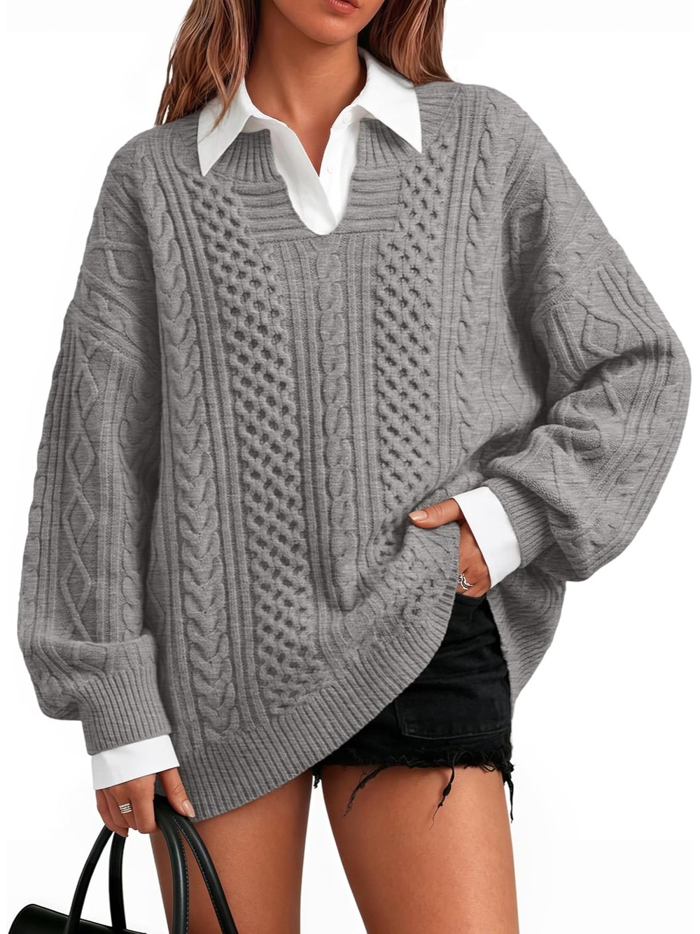 🆕 Womens Grey Cable Knit Oversized Sweater V Neck Long Sleeve Pullover Top